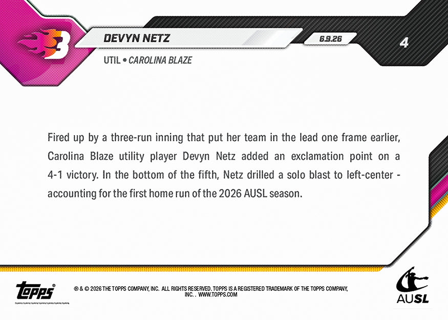 Devyn Netz - 2026 AUSL Topps NOW - Card 4 - PR: 581 - Image 2