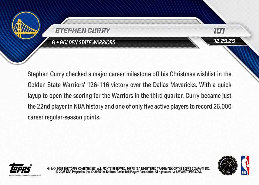 Stephen Curry - 2025-26 NBA Topps NOW - Card 101 - PR: 4893 - Image 3