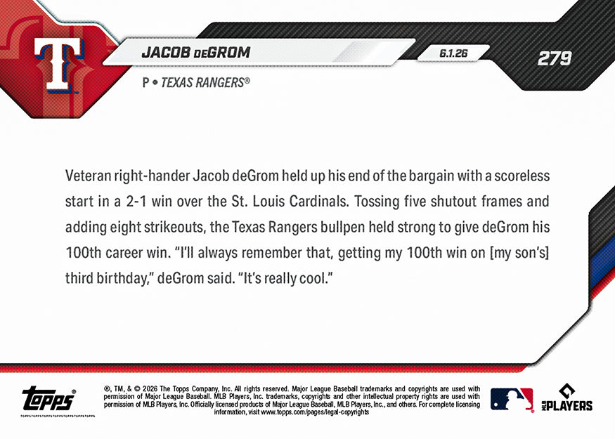 Jacob deGrom - 2026 MLB Topps NOW - Card 279 - PR: 675 - Image 2