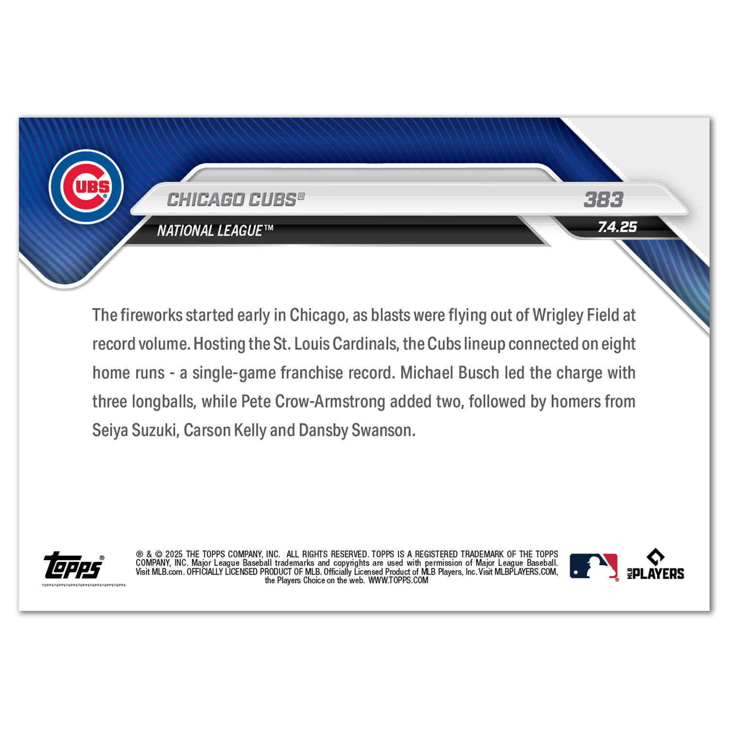 Chicago Cubs - 2025 MLB Topps NOW - Card 383 - PR: 2934 - Image 2