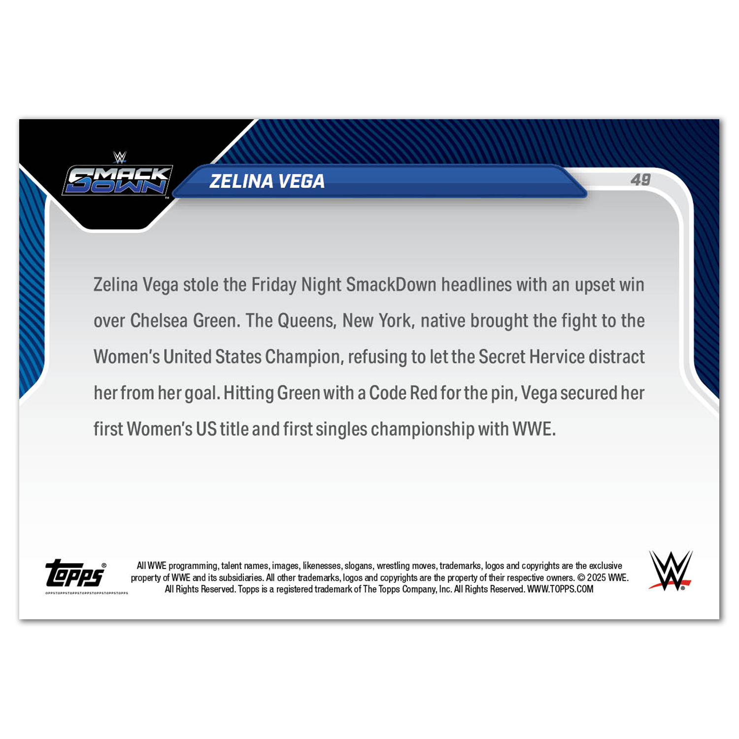 Alternative view of Zelina Vega - 2025 WWE Topps NOW - Card 49 - PR: 1023