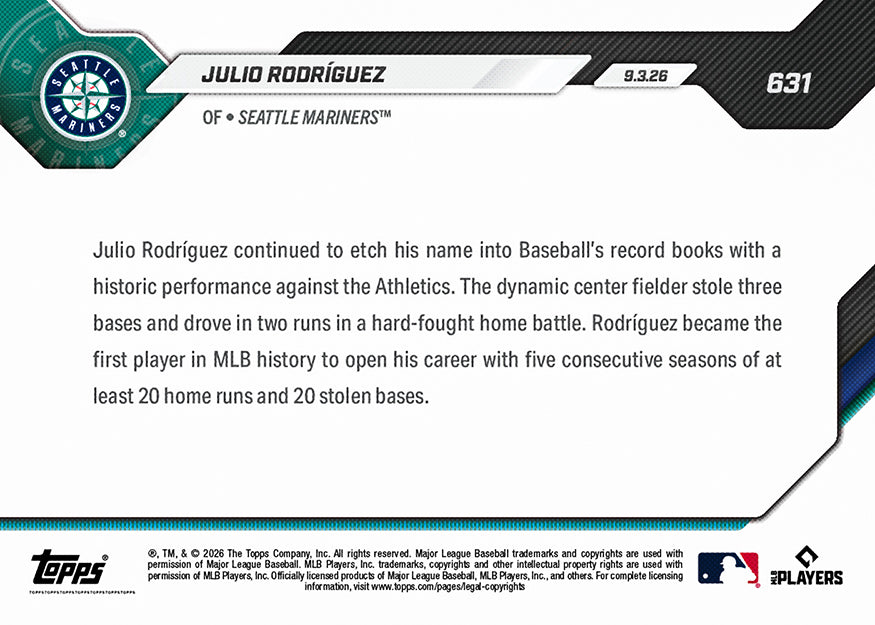 Julio Rodríguez - 2026 MLB Topps NOW - Card 631 - PR: 2382 - Image 3
