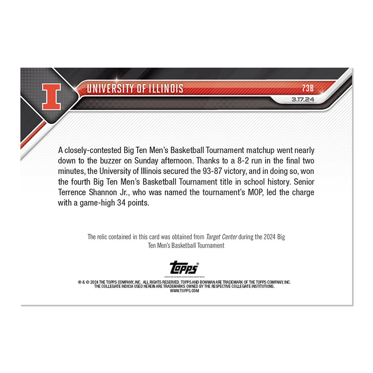 Game-used Net Relic # to 49 or Lower - University of Illinois - 2023-24 Bowman U Now Card 73 - Image 5