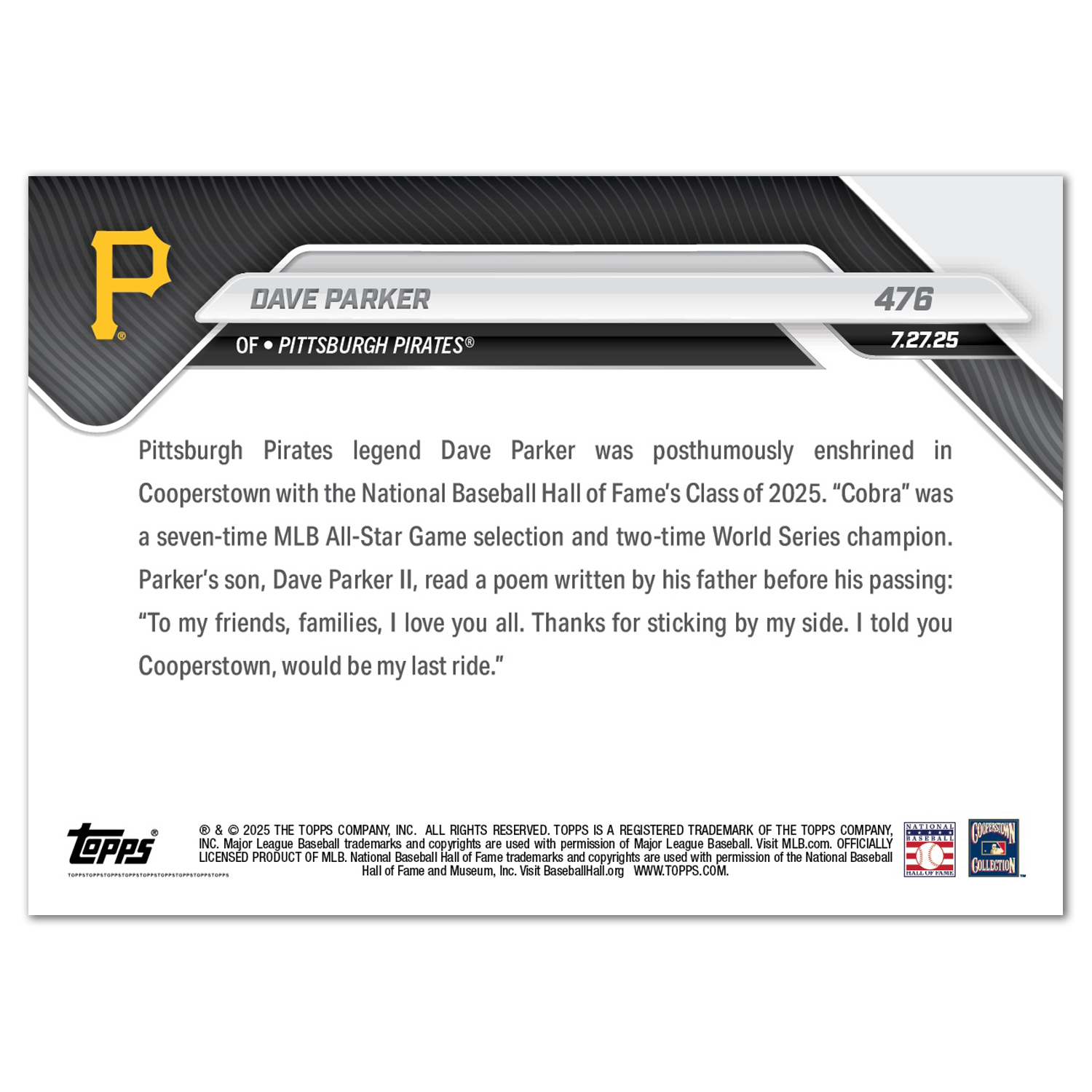 Dave Parker - 2025 MLB Topps NOW - Card 476 - PR: 1303 - Image 2