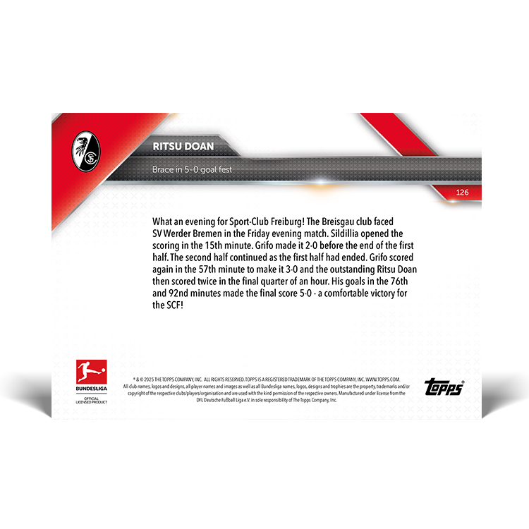 Ritsu Doan - Brace in 5-0 goal fest - 24/25 Bundesliga Topps NOW Card 126 - PR: 79 - Image 2