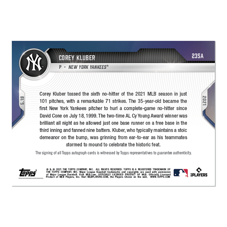 On-Card Auto # to 99 - Corey Kluber - 2021 MLB TOPPS NOW Card 235A - Image 2