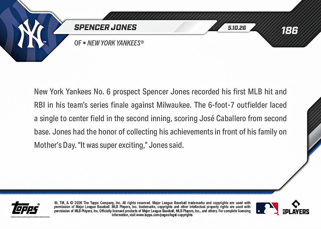 Spencer Jones - 2026 MLB Topps NOW - Card 186 - PR: 6039 - Image 2
