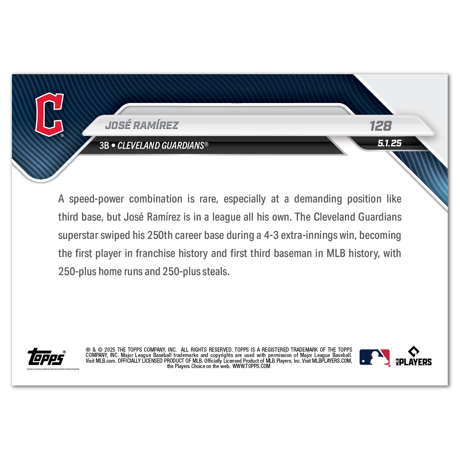 José Ramírez - 2025 MLB Topps NOW - Card 128 - LOOK FOR AUTOS - PR: 2018 - Image 3