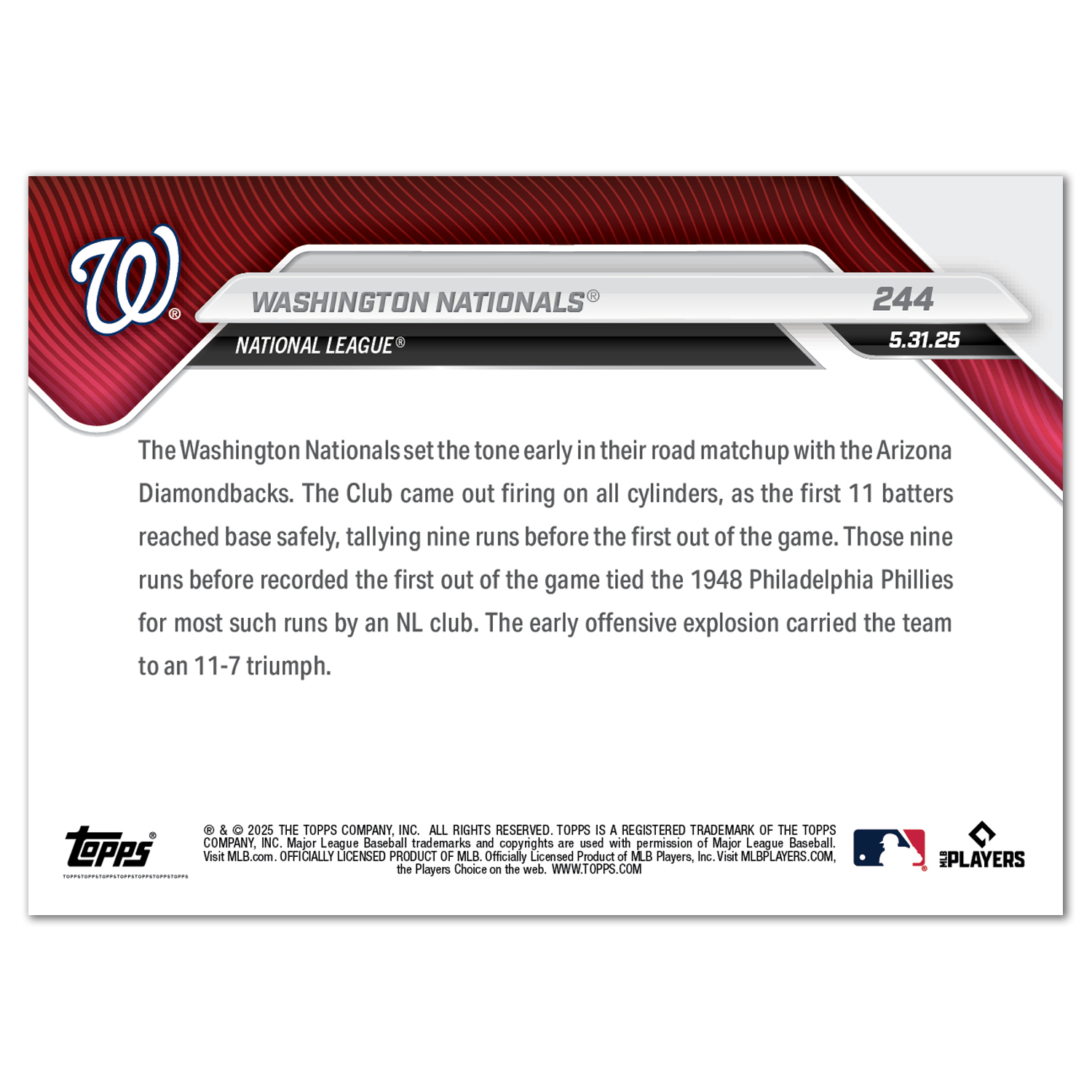 Alternative view of Washington Nationals - 2025 MLB Topps NOW - Card 244 - PR: 448