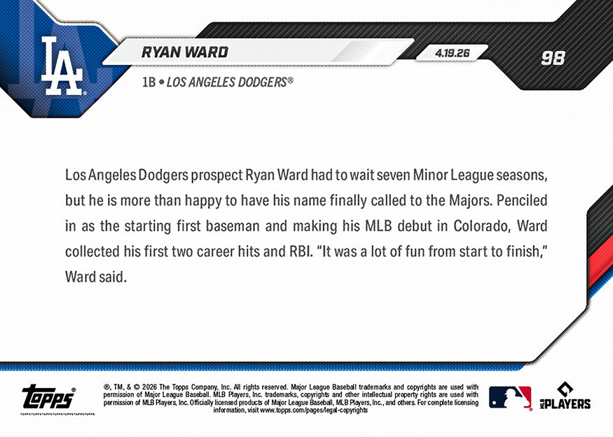 Ryan Ward - 2026 MLB Topps NOW - Card 98 - PR: 1360 - Image 2