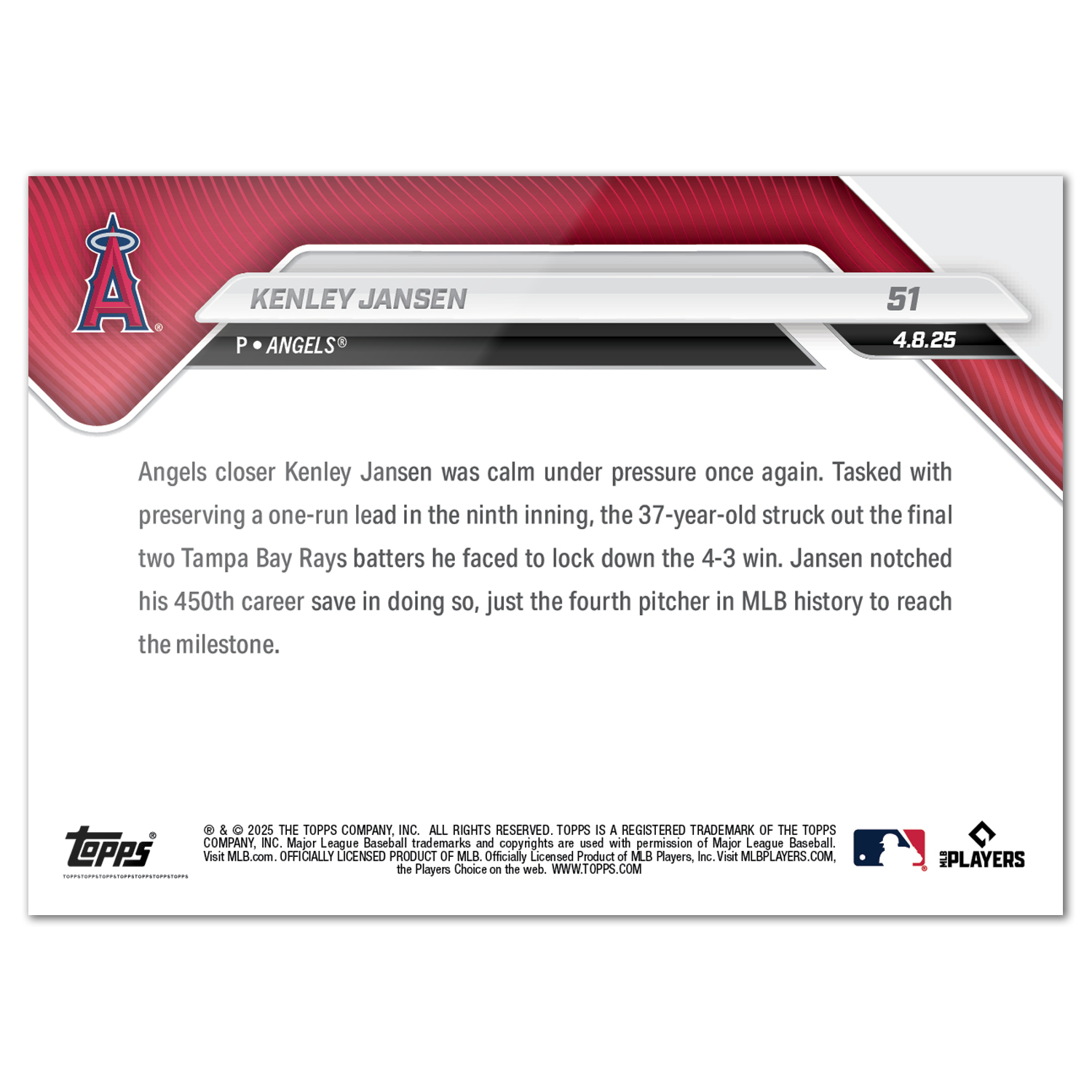 Kenley Jansen - 2025 MLB Topps NOW - Card 51 - PR: 404 - Image 2