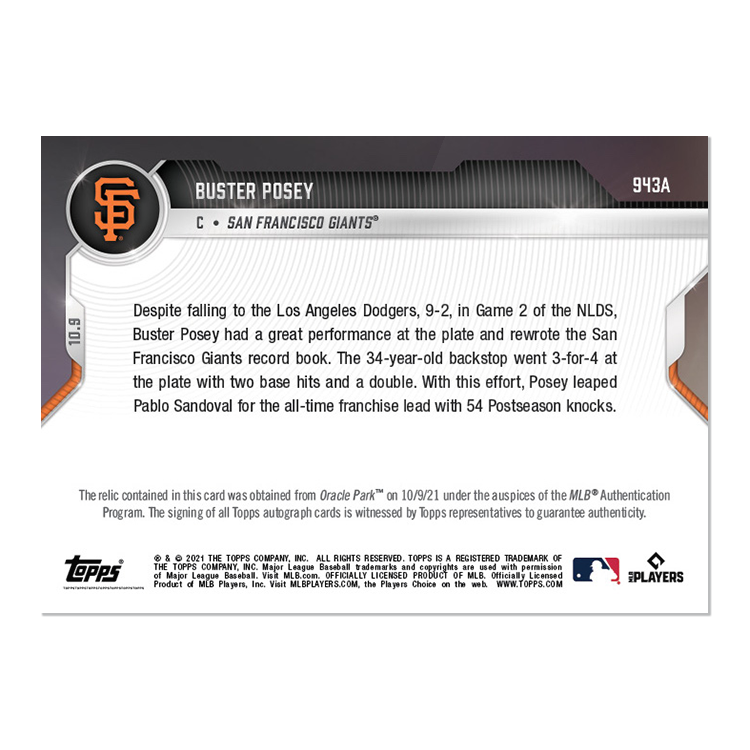 On-Card Auto-Relic # to 99 - Buster Posey - 2021 MLB TOPPS NOW Card 943A - Image 2