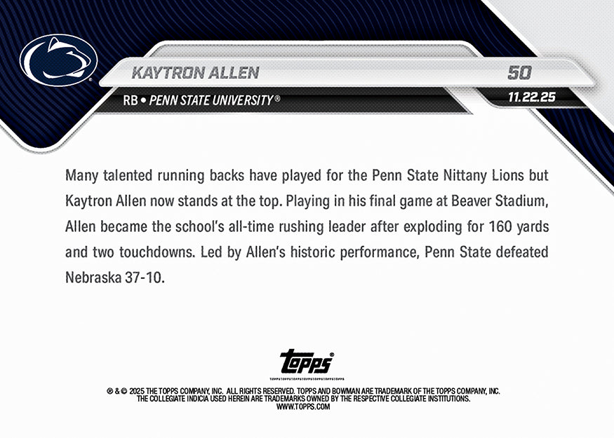 Kaytron Allen - 2025-26 Bowman U NOW Football - Card 50 - PR: 520 - Image 2