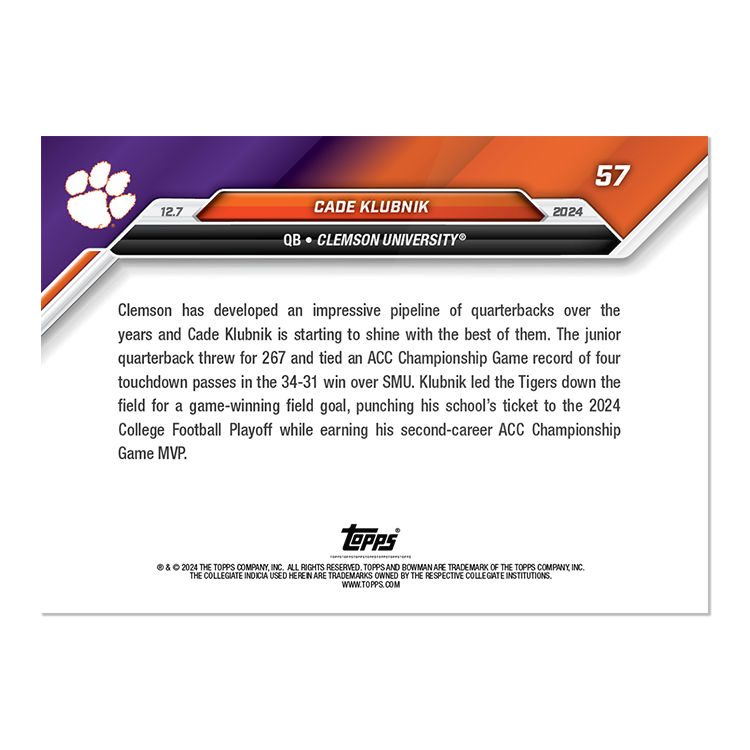 Cade Klubnik - 2024 Bowman U NOW Football Card 57 - PR: 238 - Image 2