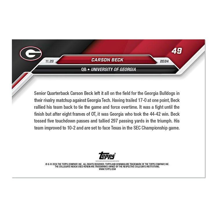 Carson Beck - 2024 Bowman U NOW Football Card 49 - PR: 371 - Image 2
