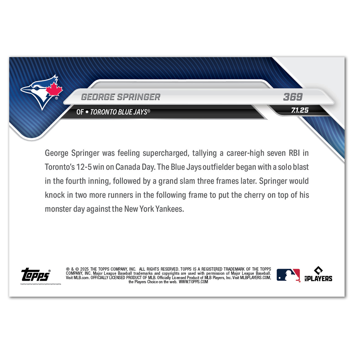 George Springer - 2025 MLB Topps NOW - Card 369 - PR: 483 - Image 2