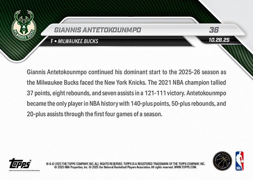 Giannis Antetokounmpo - 2025-26 NBA Topps NOW - Card 36 - PR: 1053 - Image 2