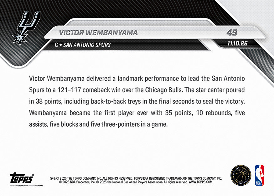 Alternative view of Victor Wembanyama - 2025-26 NBA Topps NOW - Card 49 - PR: 2869