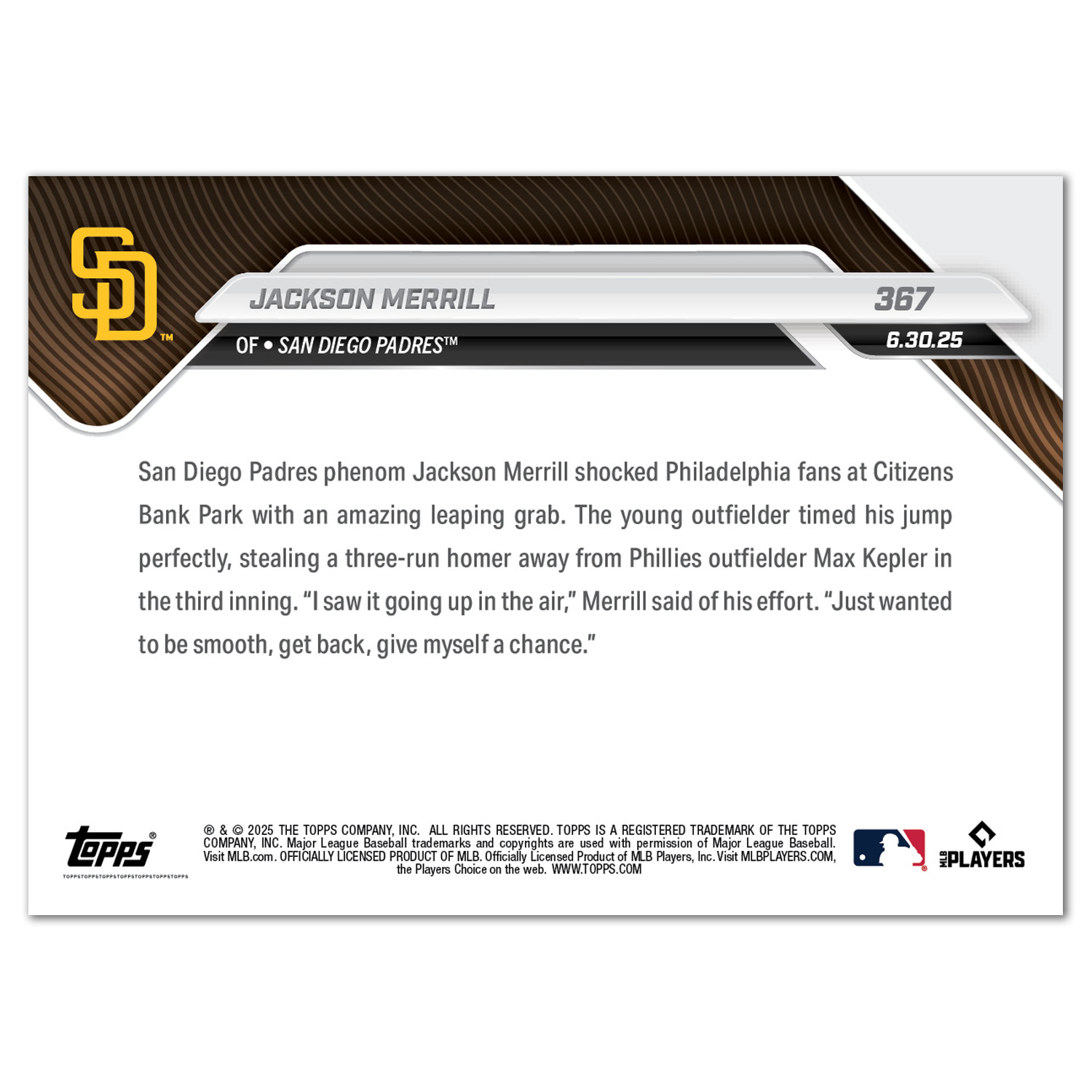 Jackson Merrill - 2025 MLB Topps NOW - Card 367 - PR: 1445 - Image 2