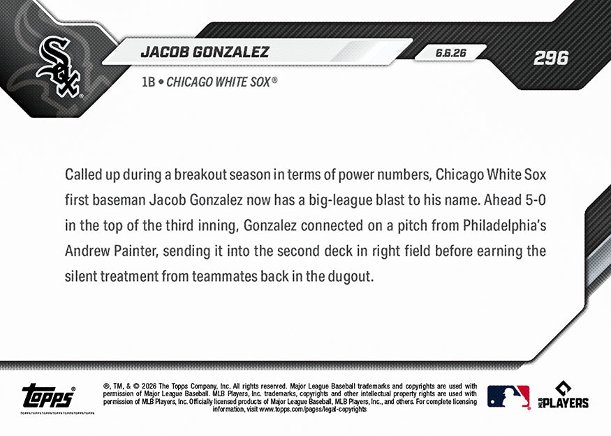 Jacob Gonzalez - 2026 MLB Topps NOW - Card 296 - PR: 918 - Image 2