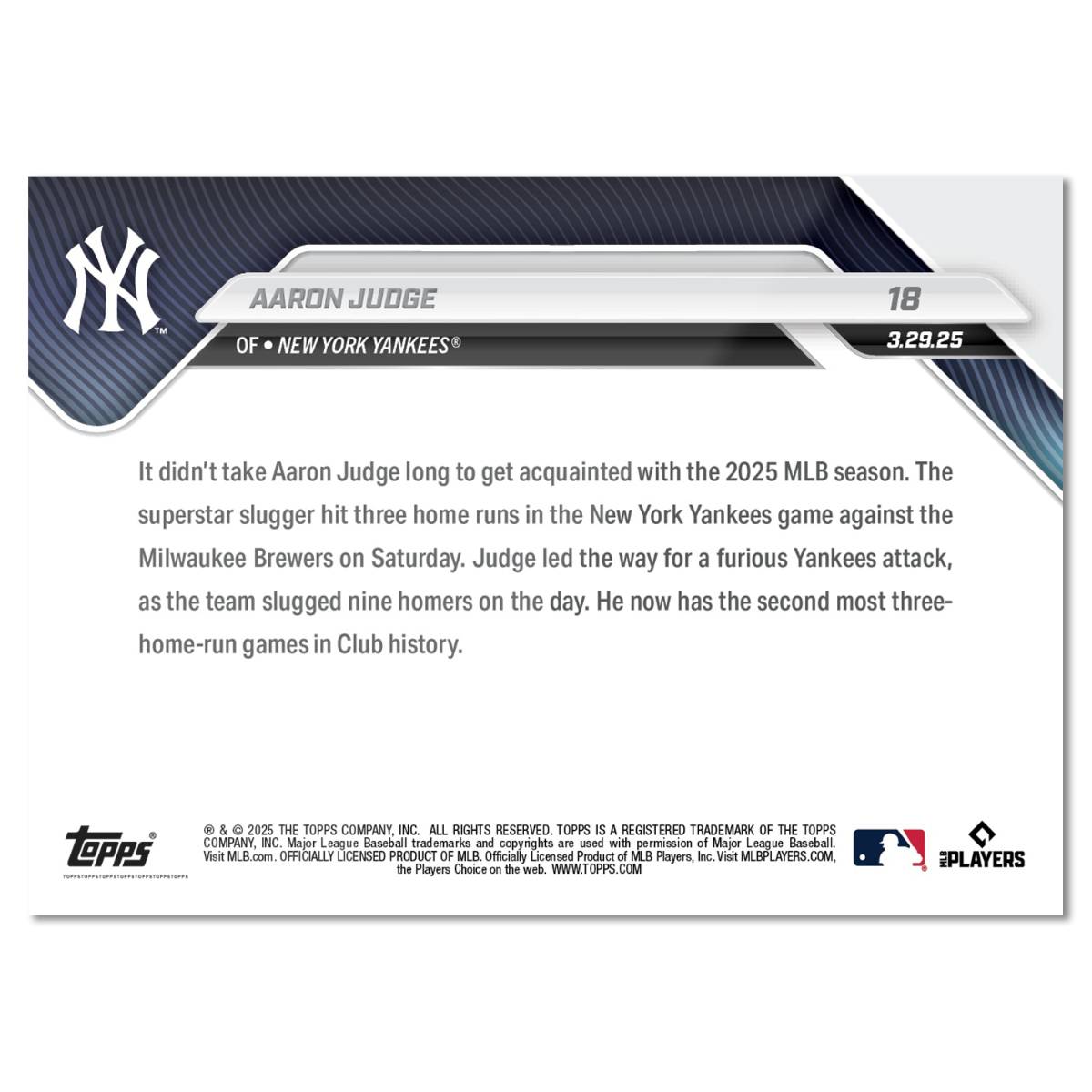 Aaron Judge - 2025 MLB Topps NOW - Card 18 - LOOK FOR RELICS and AUTO-RELICS - PR: 8755 - Image 3