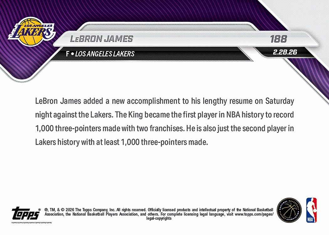 LeBron James - 2025-26 NBA Topps NOW - Card 188 - PR: 3072 - Image 2