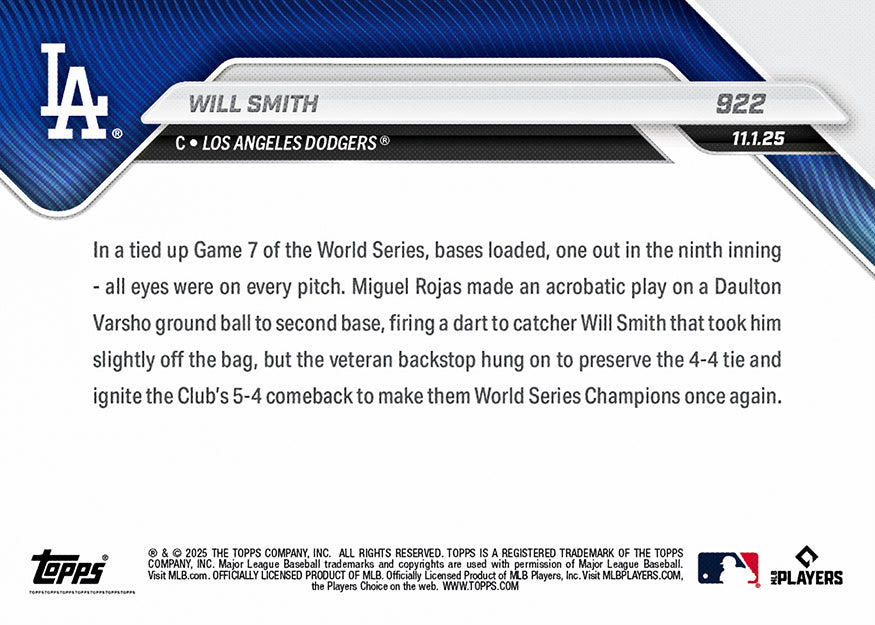 Alternative view of Will Smith - 2025 MLB Topps NOW - Card 922 - PR: 6851