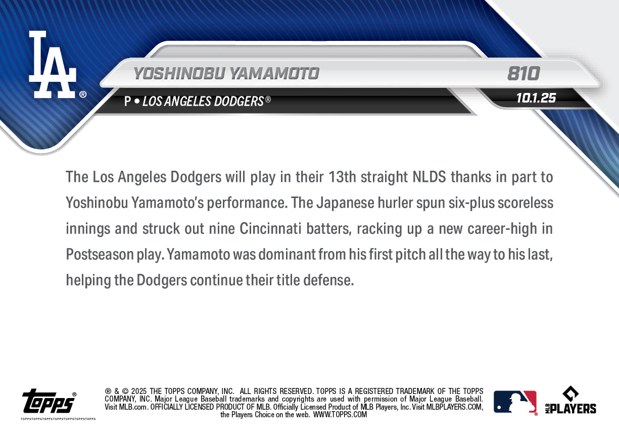 Alternative view of Yoshinobu Yamamoto - 2025 MLB Topps NOW - Card 810 - PR: 2974