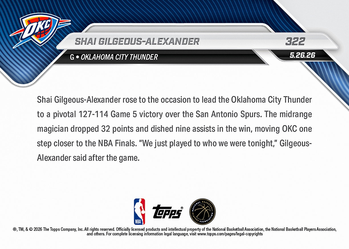 Shai Gilgeous-Alexander - 2025-26 NBA Topps NOW - Card 322 - PR: 1120 - Image 2