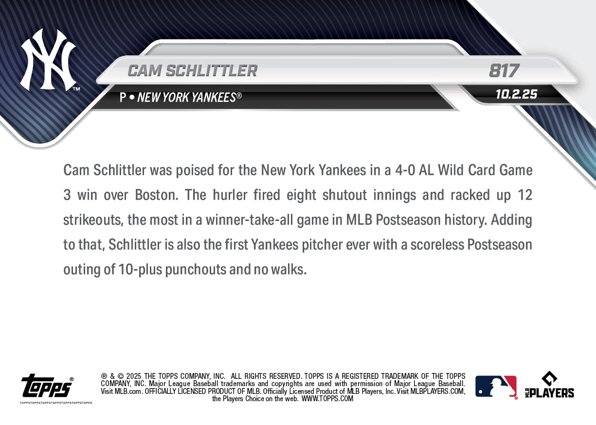 Cam Schlittler - 2025 MLB Topps NOW - Card 817 - PR: 18809 - Image 3