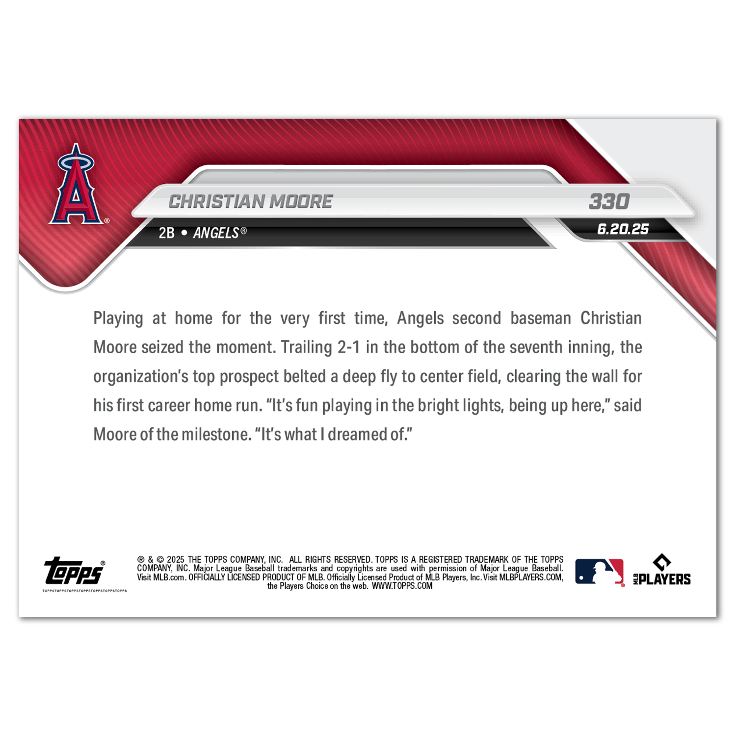 Christian Moore - 2025 MLB Topps NOW - Card 330 - PR: 1405 - Image 2