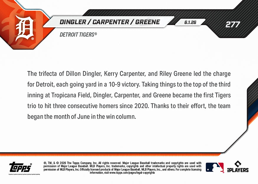 Dillon Dingler / Kerry Carpenter / Riley Greene - 2026 MLB Topps NOW - Card 277 - PR: 802 - Image 2
