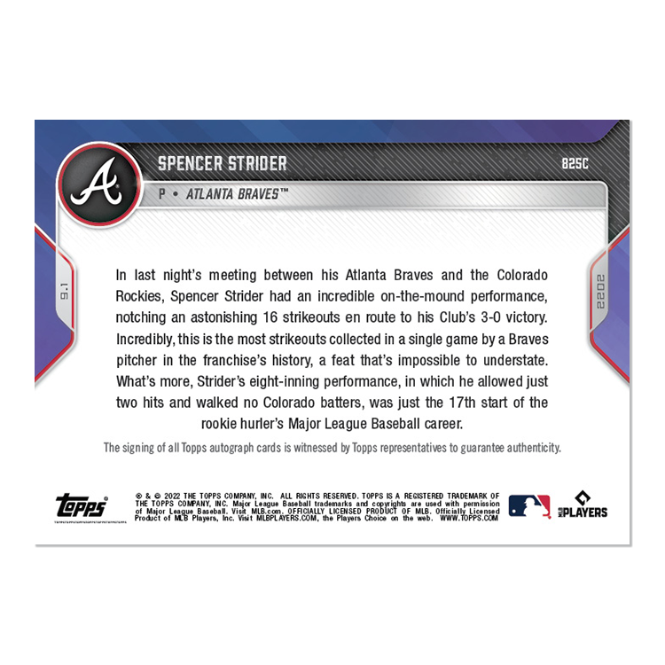 On-Card Auto # to 25 - Spencer Strider - 2022 MLB TOPPS NOW Card 825C - Image 2
