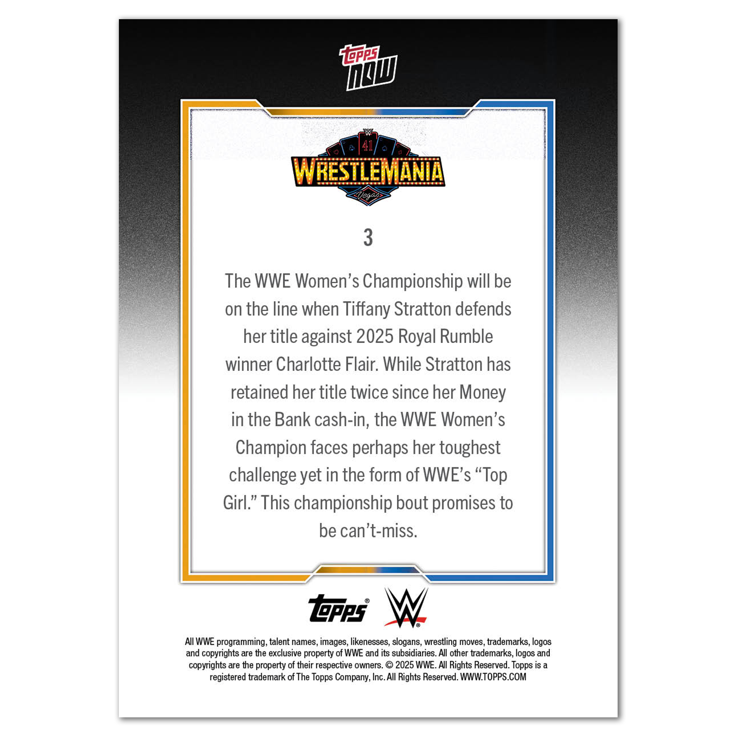 Tiffany Stratton/Charlotte Flair - 2025 WWE Topps NOW - Card WM3 - PR: 2127 - Image 3