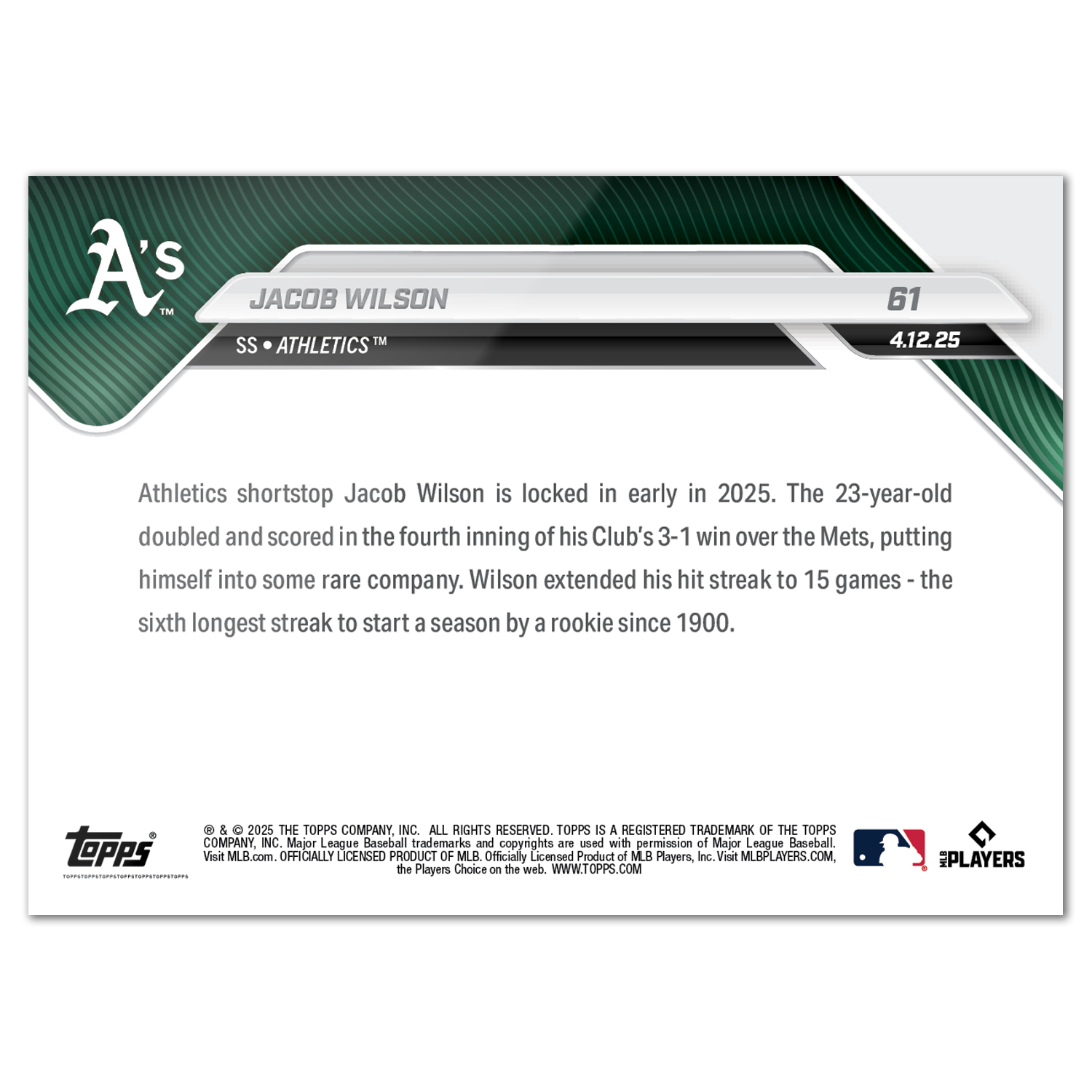 Jacob Wilson - 2025 MLB Topps NOW - Card 61 - PR: 1292 - Image 2