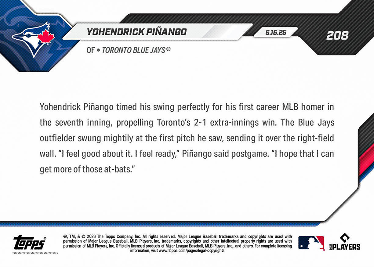 Alternative view of Yohendrick Piñango - 2026 MLB Topps NOW - Card 208 - PR: 715