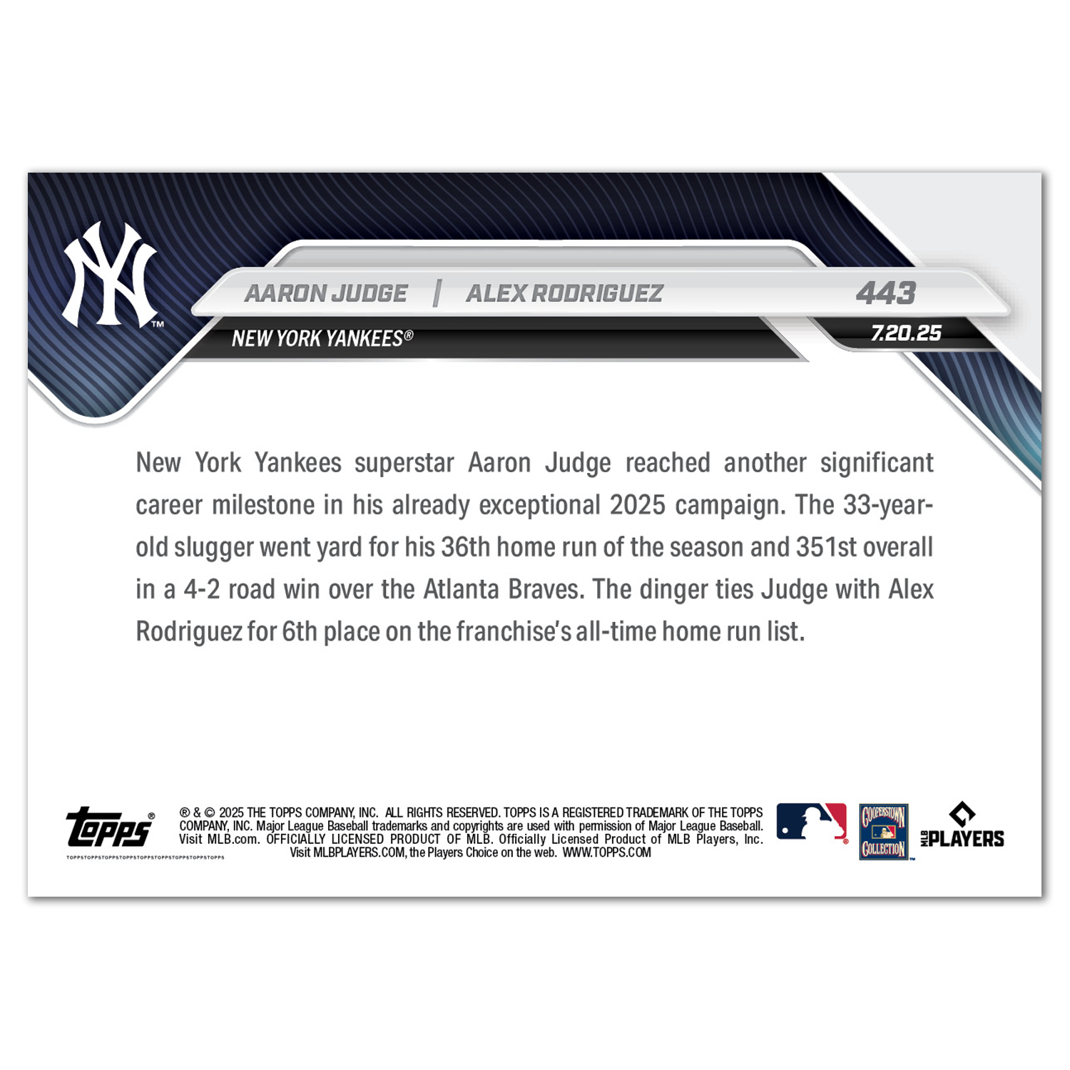 Alternative view of Aaron Judge / Alex Rodriguez - 2025 MLB Topps NOW - Card 443 - PR: 1890