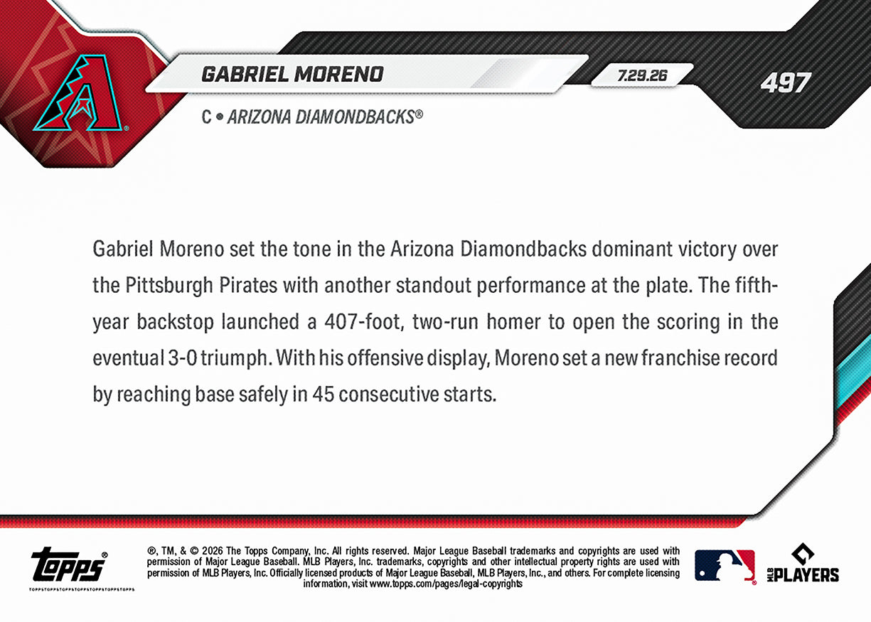 Gabriel Moreno - 2026 MLB Topps NOW - Card 497 - PR: 492 - Image 2