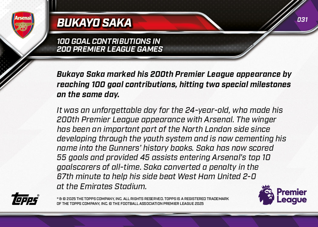 Bukayo Saka - 2025-26 Premier League Topps NOW - Card 31 - PR: 1025 - Image 7