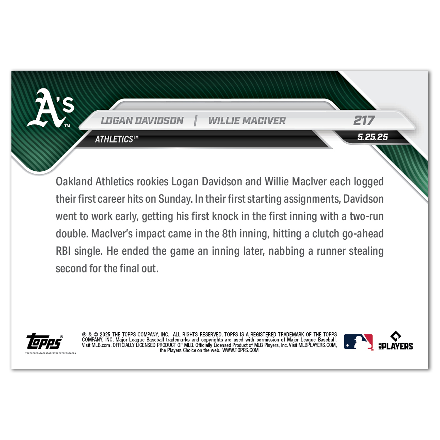 Logan Davidson/Willie MacIver - 2025 MLB Topps NOW - Card 217 - PR: 443 - Image 2