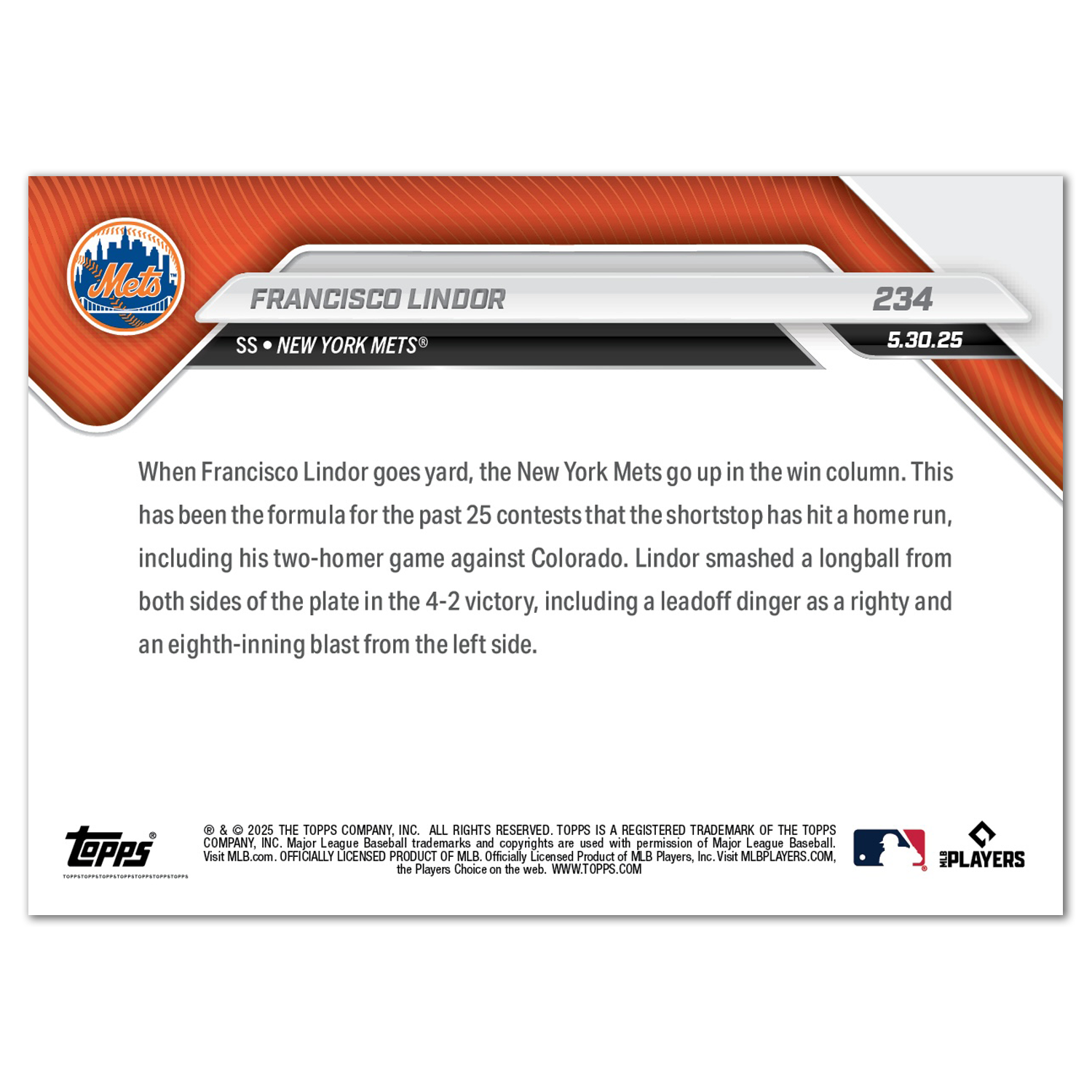Francisco Lindor - 2025 MLB Topps NOW - Card 234 - PR: 837 - Image 2