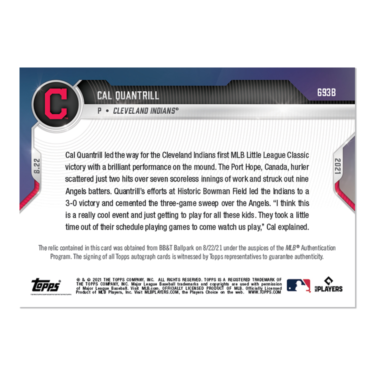Game-used Ball Relic # to 5 - Cal Quantrill - 2021 MLB TOPPS NOW Card 693B - Image 2