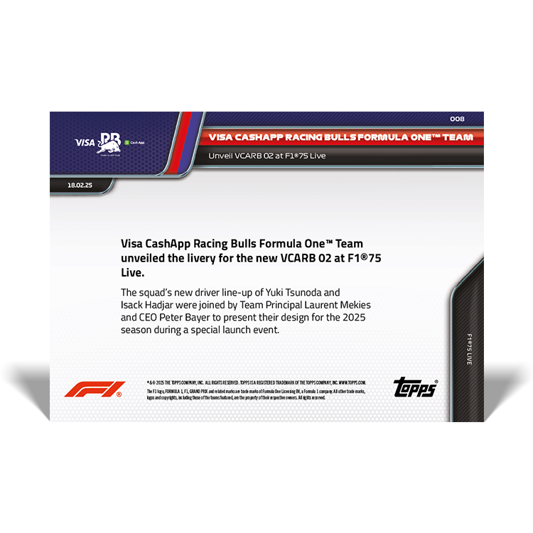 Alternative view of VISA Cash App RB Formula One Team - 2025 Formula 1 Topps NOW - Card 8 - PR: 698