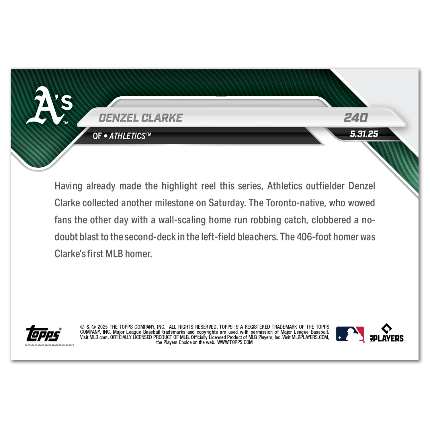 Denzel Clarke - 2025 MLB Topps NOW - Card 240 - PR: 635 - Image 2