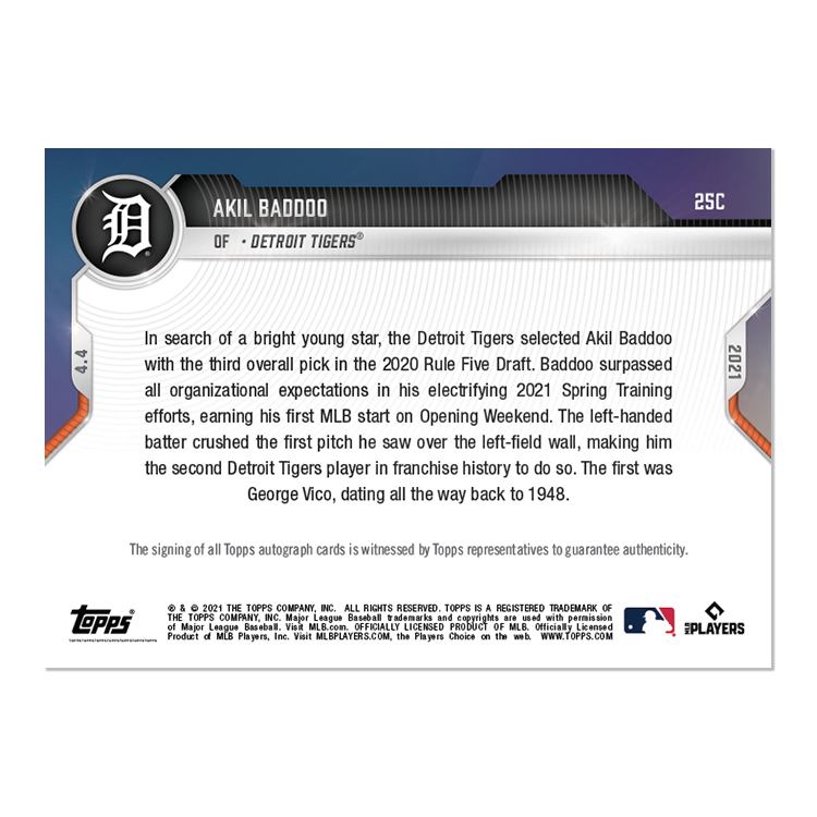 On-Card Auto # to 25 - Akil Baddoo - 2021 MLB TOPPS NOW Card 25C - Image 2