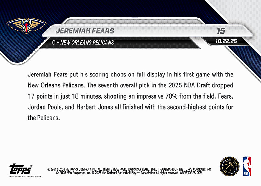 Jeremiah Fears - 2025-26 NBA Topps NOW - Card 15 - PR: 819 - Image 2