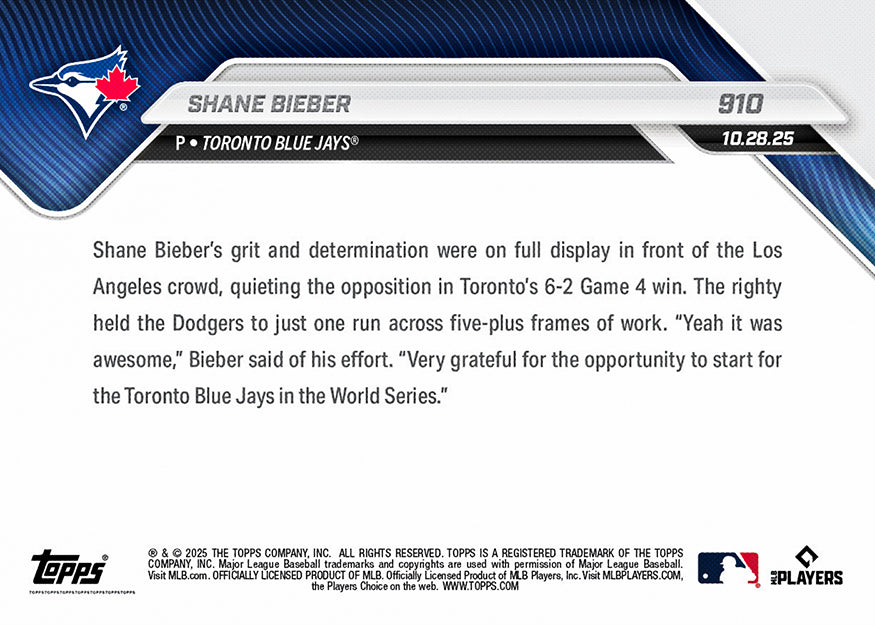 Shane Bieber - 2025 MLB Topps NOW - Card 910 - PR: 1229 - Image 2