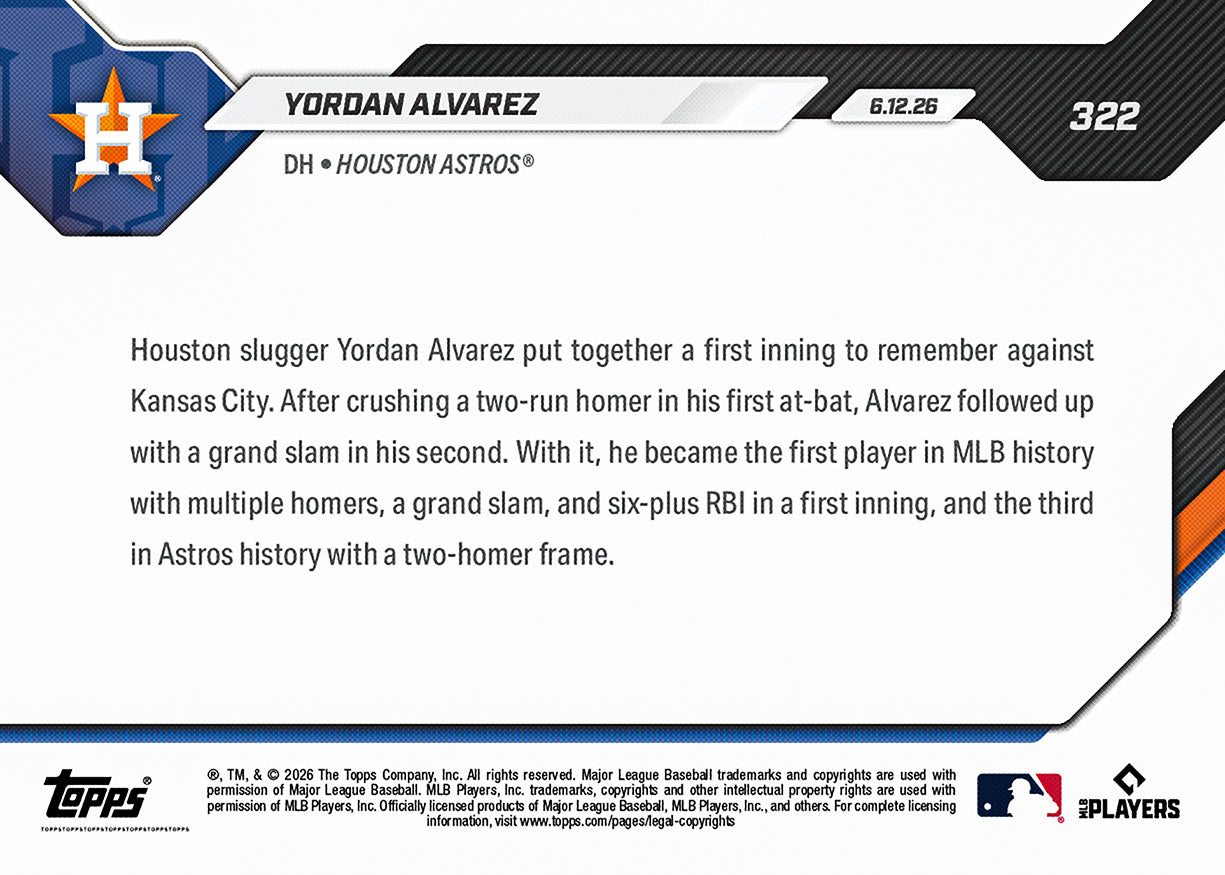 Alternative view of Yordan Alvarez - 2026 MLB Topps NOW - Card 322 - PR: 799