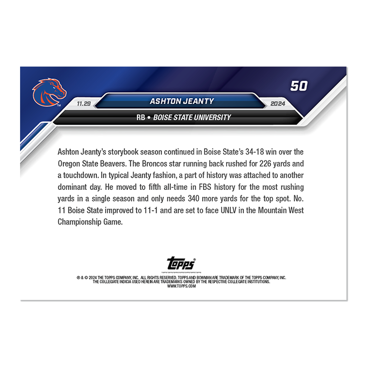 Ashton Jeanty - 2024 Bowman U NOW Football Card 50 - PR: 1424 - Image 2