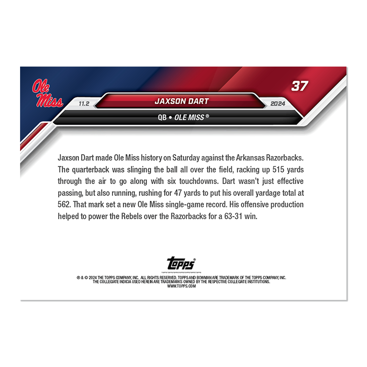 Jaxson Dart - 2024 Bowman U NOW Football Card 37 - LOOK FOR AUTOS - PR: 523 - Image 4